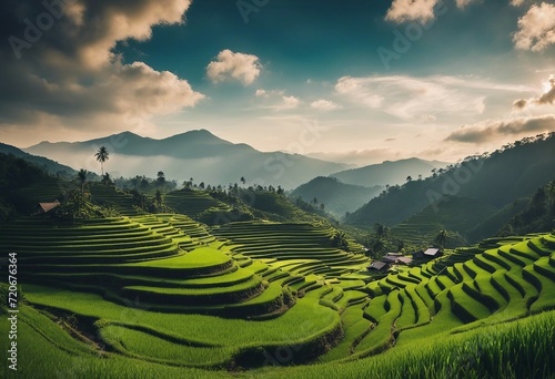 Panoramic landscape of Indonesian rice field terraces on a mountain ricefield terrace super wide ric