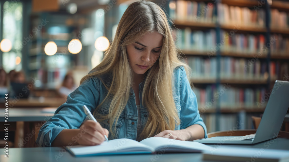 focused young woman studying in a library, writing notes from a laptop into a book focused young woman studying in a library, writing notes from a laptop into a book