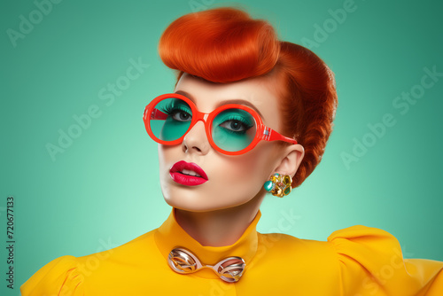Retro Elegance Reimagined, Redhead Woman with Bold Sunglasses and Yellow Dress