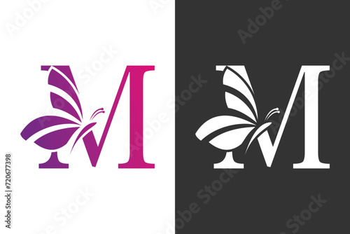 illustration butterfly logo design with letter m concept photo