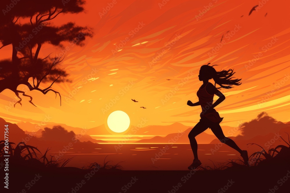 Sunset Sprint: A runner’s silhouette against the backdrop of a fiery sunset, embodying the spirit of endurance Sunset Sprint: A runner’s silhouette against the backdrop of a fiery sunset, embodying the spirit of endurance
