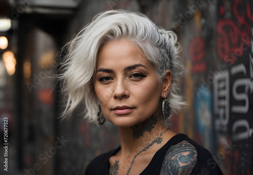 Close up portrait of an attractive modern mature gray-haired lady with tattoos. Hipster edgy old woman on the street with graffiti wall