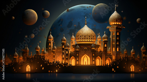 3D illustration of Ramadan Kareem scene with an Islamic mosque lantern adorned with intricate details. Generative AI