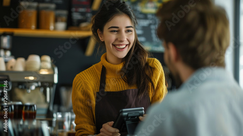 smiling female barista is interacting with a customer at a coffee shop counter