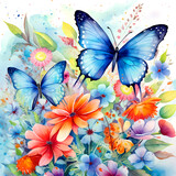 butterflies drawn by watercolors, flowers meadow, blue butterflies