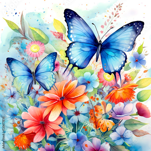 butterflies drawn by watercolors  flowers meadow  blue butterflies