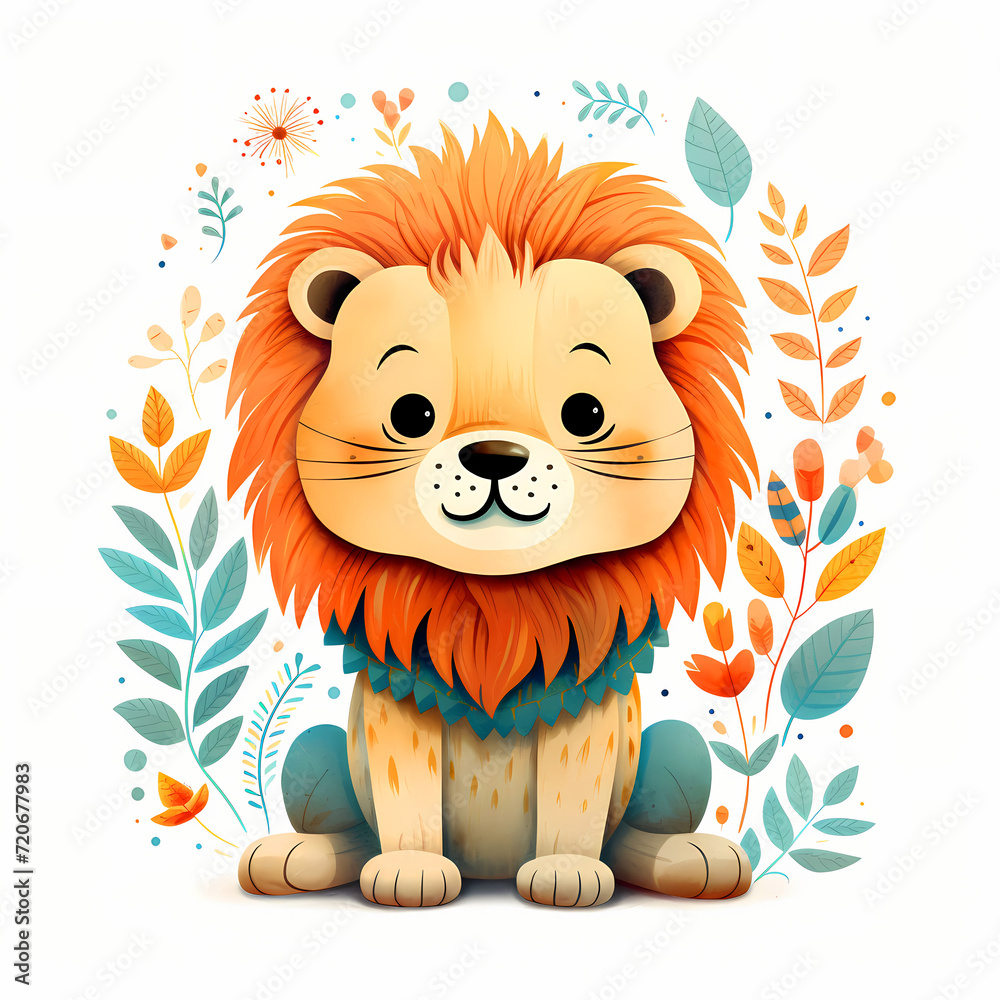 Wildlife animals. Cute lion with simple greens illustration. Happy little lion. Wildlife animals. Cute lion with simple greens illustration. Happy little lion.
