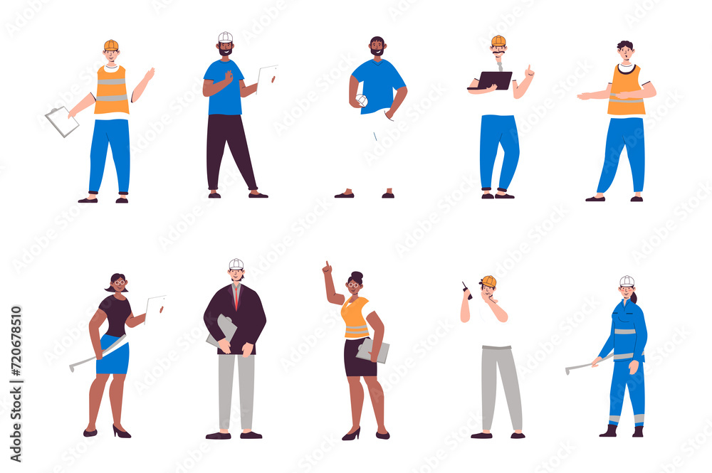 People work as engineers set in flat design. Men and women with helmets hold blueprints, architects, technician and builders. Bundle of diverse characters. Illustration isolated persons for web