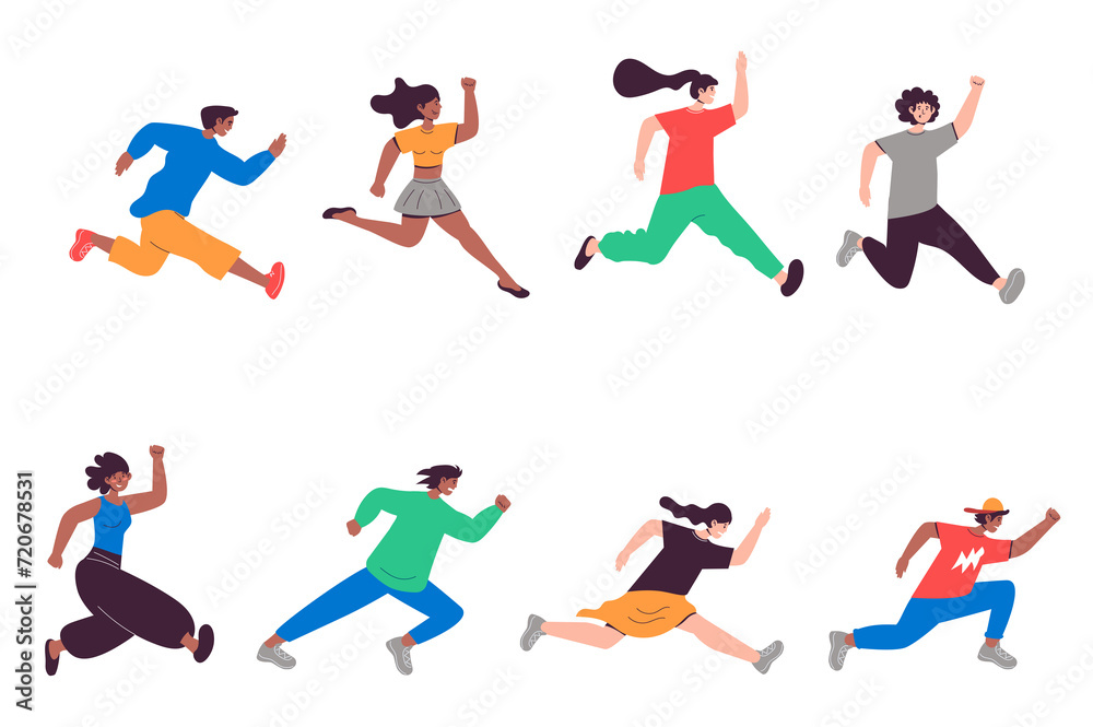 People running set in flat design. Happy men and women run and hurry, sport competition or aspiration direction metaphor. Bundle of diverse characters. Illustration isolated persons for web