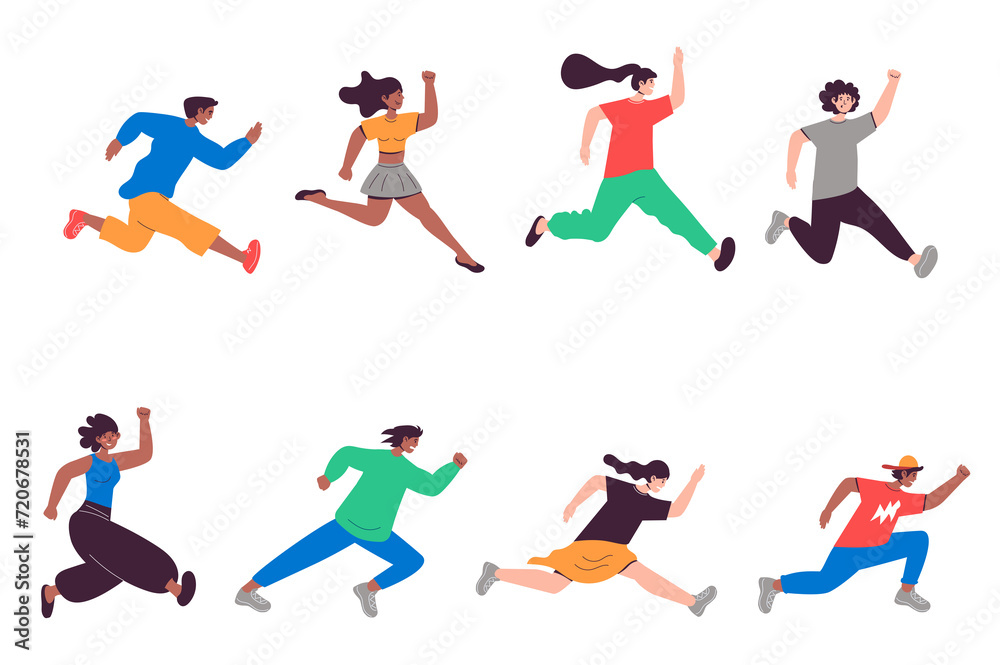 People running set in flat design. Happy men and women run and hurry, sport competition or aspiration direction metaphor. Bundle of diverse characters. Illustration isolated persons for web People running set in flat design. Happy men and women run and hurry, sport competition or aspiration direction metaphor. Bundle of diverse characters. Illustration isolated persons for web