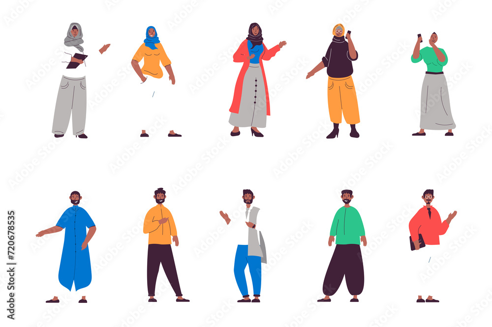 Arabian people set in flat design. Happy women and men in modern outfits and traditional ethnic clothes and muslim hijab. Bundle of diverse characters. Illustration isolated persons for web