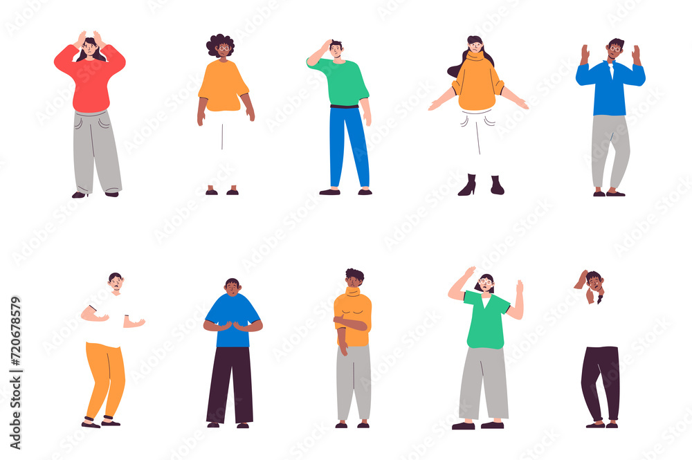 Unhappy and sad people set in flat design. Women and men express upset emotions, feeling depression and crying. Bundle of diverse multiracial characters. Illustration isolated persons for web