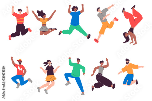 People jumping set in flat design. Happy men and women jump and celebrating at party and entertainment  winner expression. Bundle of diverse characters. Illustration isolated persons for web