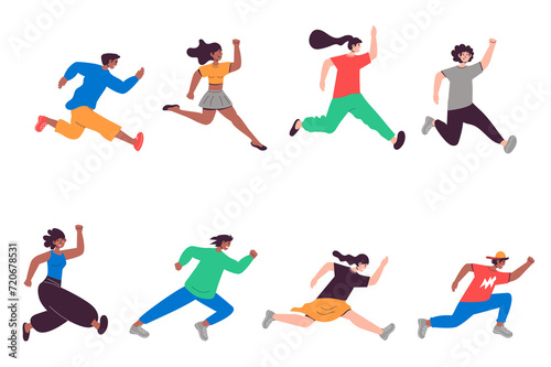 People running set in flat design. Happy men and women run and hurry, sport competition or aspiration direction metaphor. Bundle of diverse characters. Illustration isolated persons for web