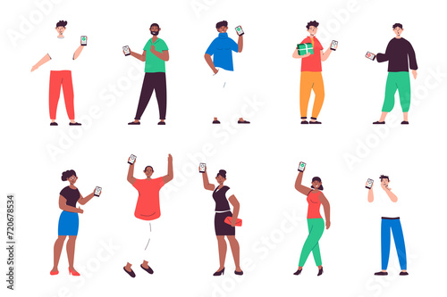 People showing mobile phone set in flat design. Happy men and women holding smartphones and showing cell phone displays. Bundle of diverse characters. Illustration isolated persons for web