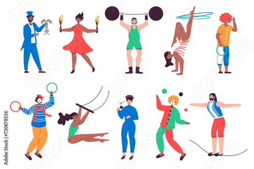 People work in circus set in flat design. Men and women performing as jugglers, acrobats, clowns, magician and other staff. Bundle of diverse characters. Illustration isolated persons for web