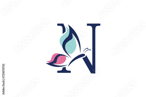 letter n logo design with butterfly illustration logo concept