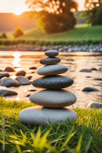 Zen stones on the grass near a river  blurred background  warm sunset light