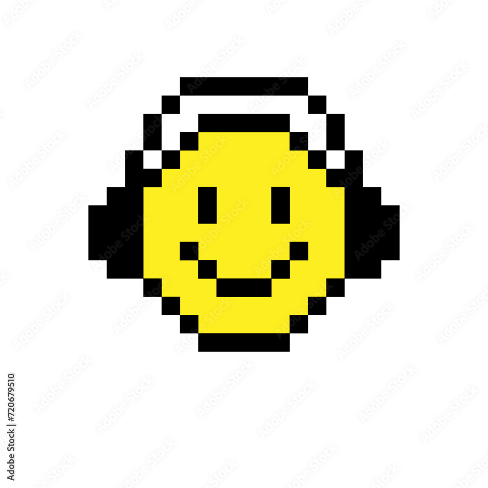 Pixelated retro emoji yellow smile in headphones. Music lover. Rave 90 Pixelated retro emoji yellow smile in headphones. Music lover. Rave 90