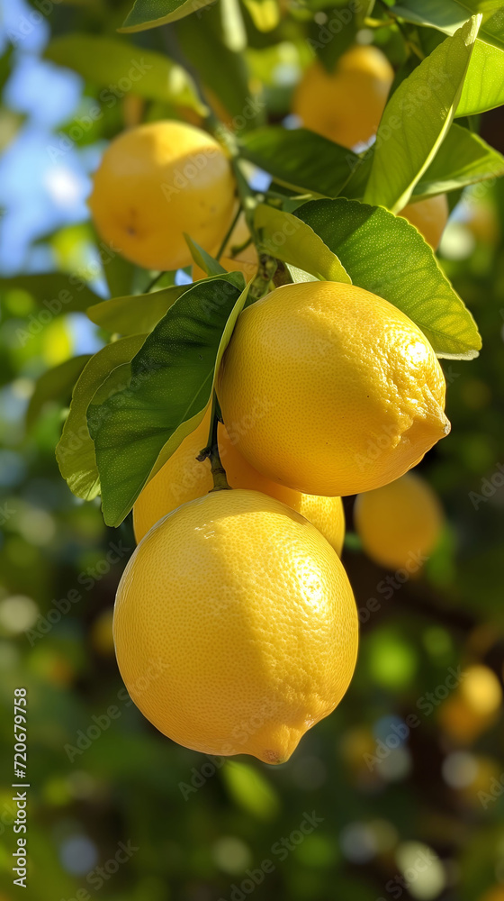 Ripe yellow lemons dangling among lush leaves