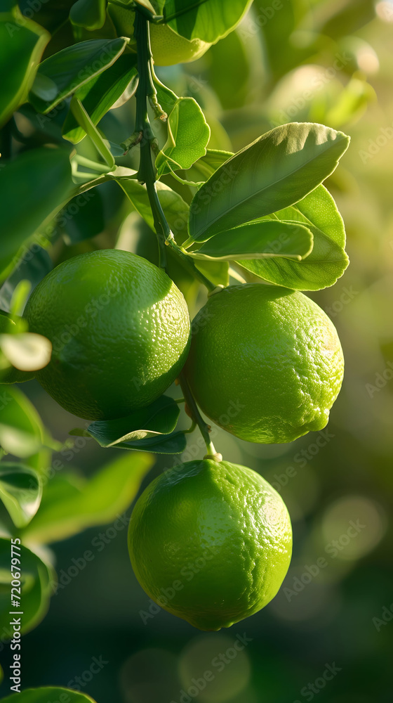 Fresh green limes growing on a sunny tree