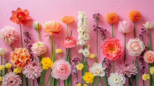 Colorful Spring Arrangement with Flowers on pink background. Floral spring wallpaper  © Exclusive 