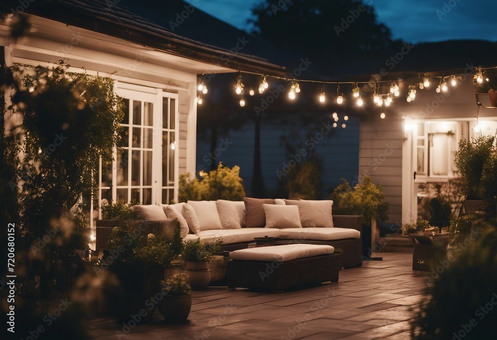 Summer evening on the patio of beautiful suburban house with lights in the garden garden