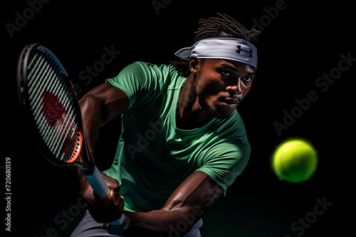 A tennis player about to hit the ball with the racket, dark background © One-Click-Stock™