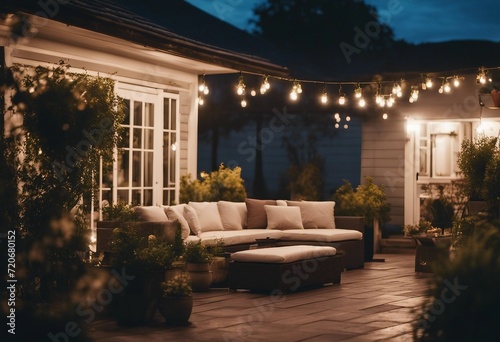 Summer evening on the patio of beautiful suburban house with lights in the garden garden © ArtisticLens