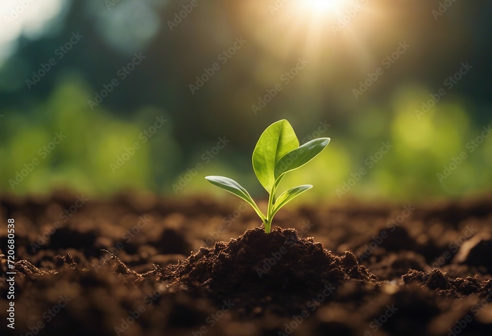 The seedling are growing from the rich soil to the morning sunlight that is shining ecology concept - obrazy, fototapety, plakaty 