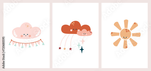 Cute cartoon Bohemian nursery posters with sun, rainbow, heart, clouds. Boho vector print for wall decor in children's bedroom, postcard template, print for pajamas
