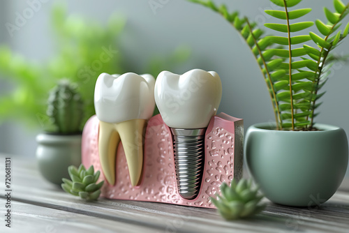 Dental implant, teeth model for dentist studying about dentistry.
