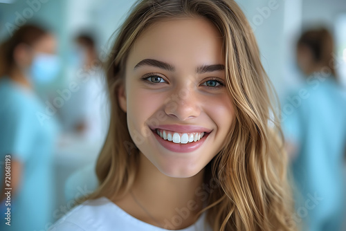 female dentist smiling in dental office, health care concept with tools on medical office background