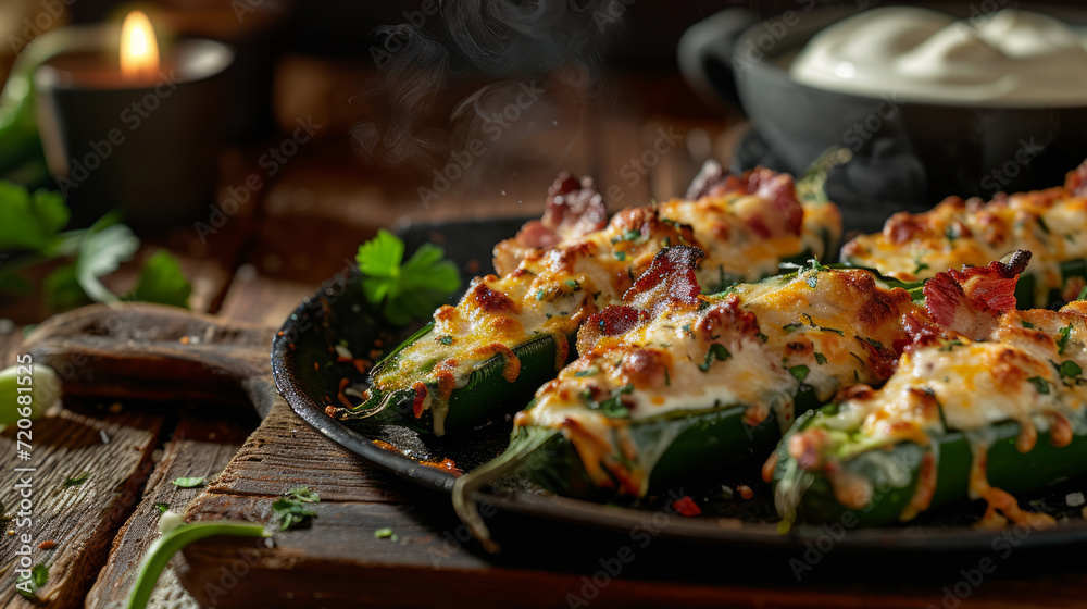 Baked jalapeño poppers with cheddar and bacon slices, surrounded by cream dip, dark wood desk Baked jalapeño poppers with cheddar and bacon slices, surrounded by cream dip, dark wood desk