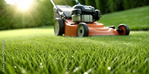 Green lawn with freshly cut grass and a lawnmower standing on it. Mowed lawn with a blurred background of a well-groomed area and a lawnmower with copy space.