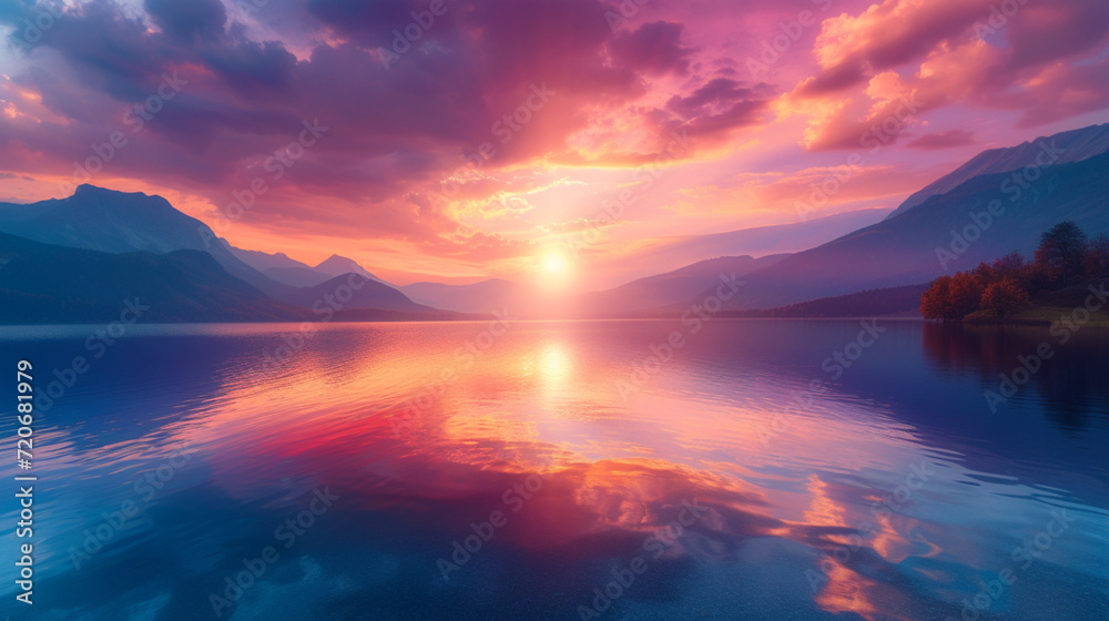 A calm highland lake at dusk, the sky painted in pink, purple, and gold hues by the last of the sun's rays
