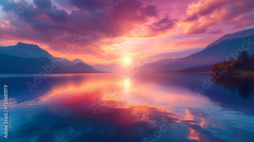 A calm highland lake at dusk, the sky painted in pink, purple, and gold hues by the last of the sun's rays 