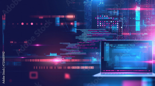 Digital tasks concept. Business Finance Data Analysis Graphic Chart Report. Using a laptop computer, typing investment data, digital marketing KPI sales report, cyberspace metaverse.