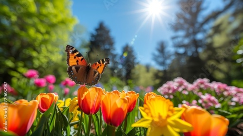 Spring Awakening: Butterfly on Blooming Tulips under Sunlight. Floral spring wallpaper background photo