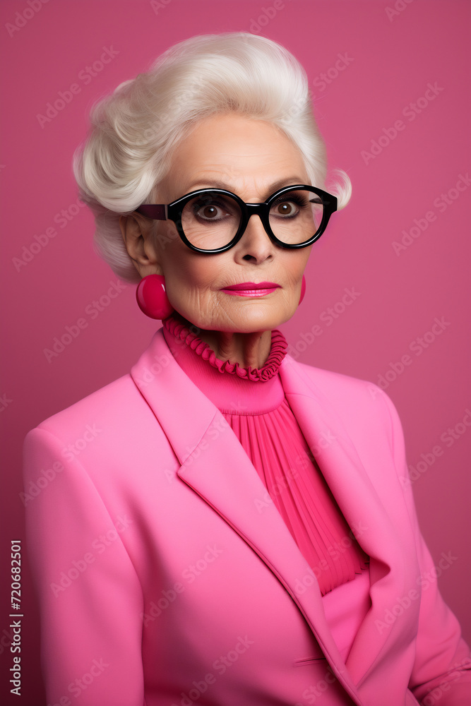 Elegant Senior Lady in Vibrant Pink Ensemble