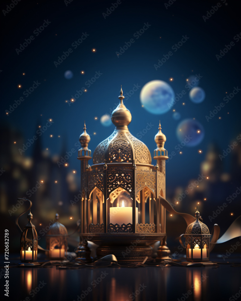 Obraz premium 3D illustration of Ramadan Kareem with beautiful Islamic Background. Generative AI