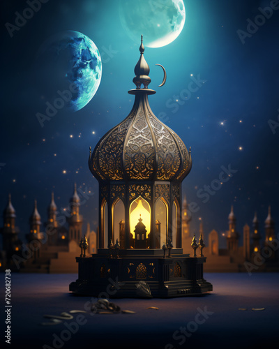 3D illustration of Ramadan Kareem with beautiful Islamic Background. Generative AI