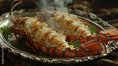 Grilled lobster tails, silver tray