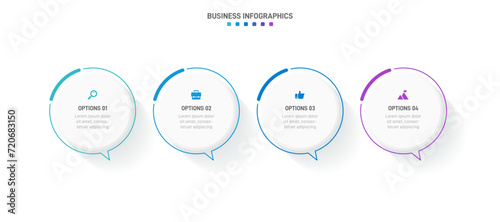 Timeline infographic with infochart. Modern presentation template with 4 spets for business process. Website template on white background for concept modern design. Horizontal layout.