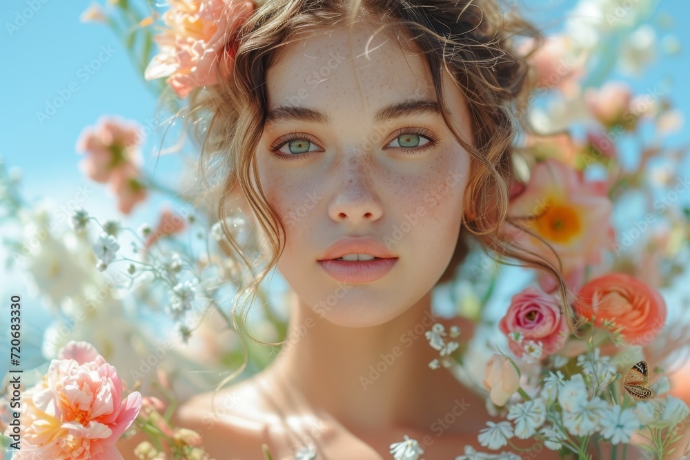 Fototapeta premium Portrait of a Woman Adorned with Floral Crown. 