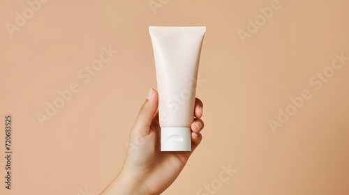woman hand is holding a white mockup tube of facial cream on a beige isolated background