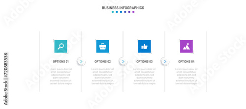 Timeline infographic with infochart. Modern presentation template with 4 spets for business process. Website template on white background for concept modern design. Horizontal layout. © shendart