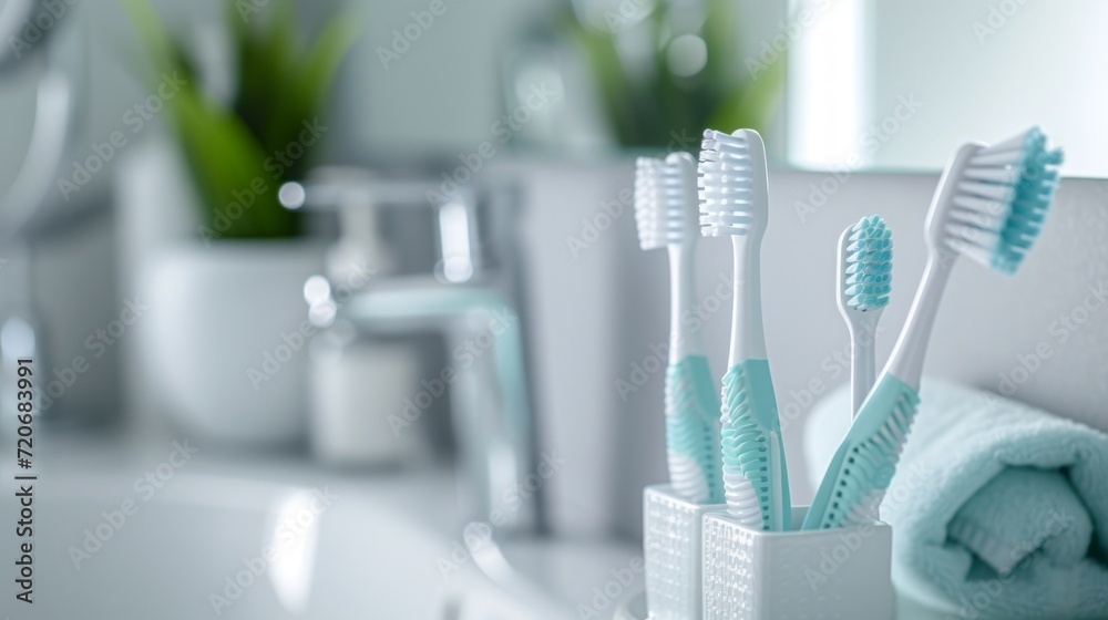 Toothbrushes in Holder with Fresh Towel on Bathroom Counter Toothbrushes in Holder with Fresh Towel on Bathroom Counter