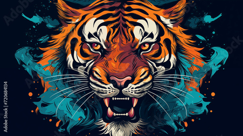 Tiger Face With Colorful Paint Splatters, Majestic and Vibrant Wildlife Portrait. Generative AI © MikeLegend