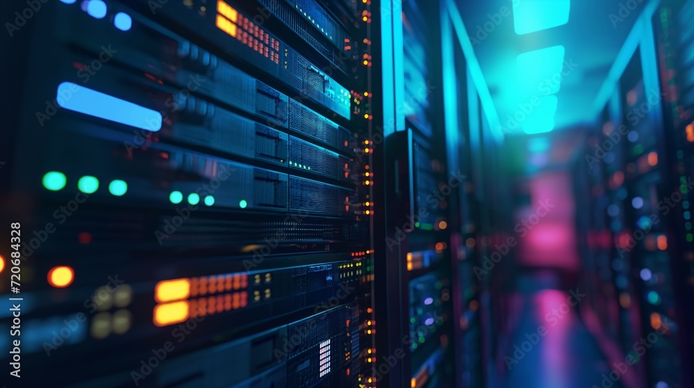 Network Servers in a Data Center with Blue and Red Lights Network Servers in a Data Center with Blue and Red Lights